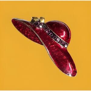 Vintage Brooch Pin Red Enamel W/ Purple Rhinestones Floppy Hat Gold Tone 2.25”